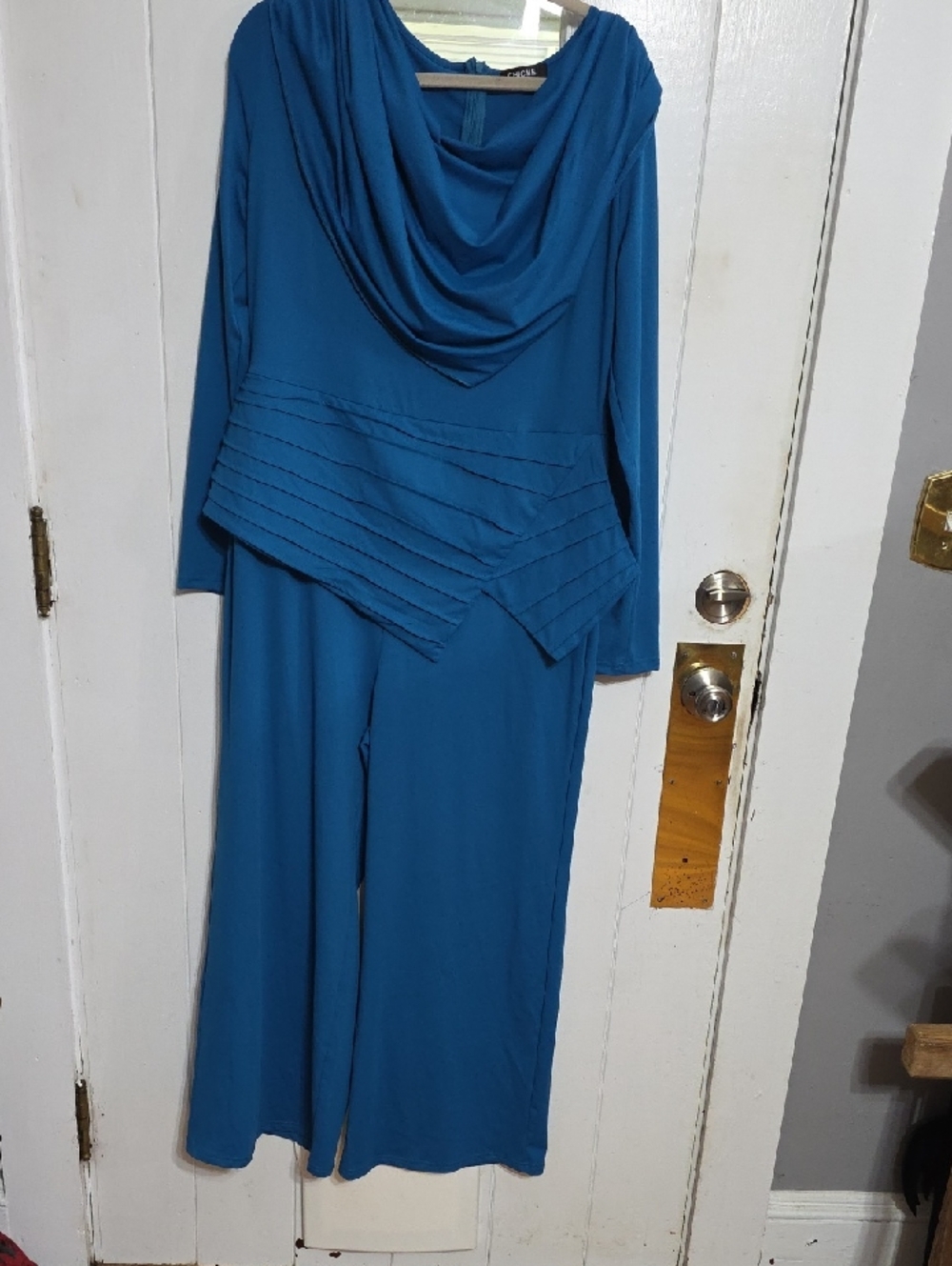 ChicMe Women's Jumpsuit Teal Cowl Neck Back Zip Pleated Accents Stretch XXL EUC